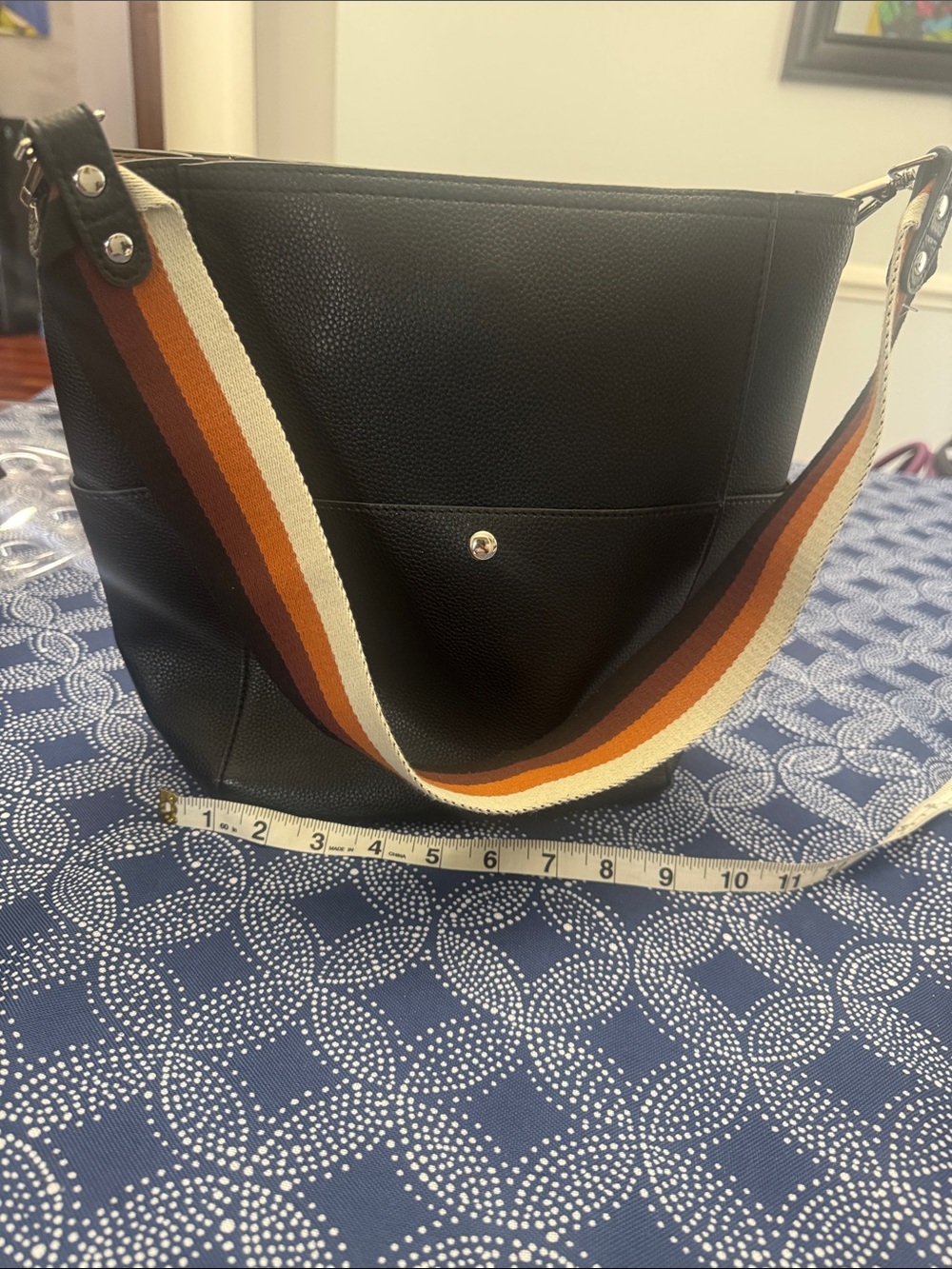 Black Vegan Leather Crossbody Tote with Striped Canvas Strap